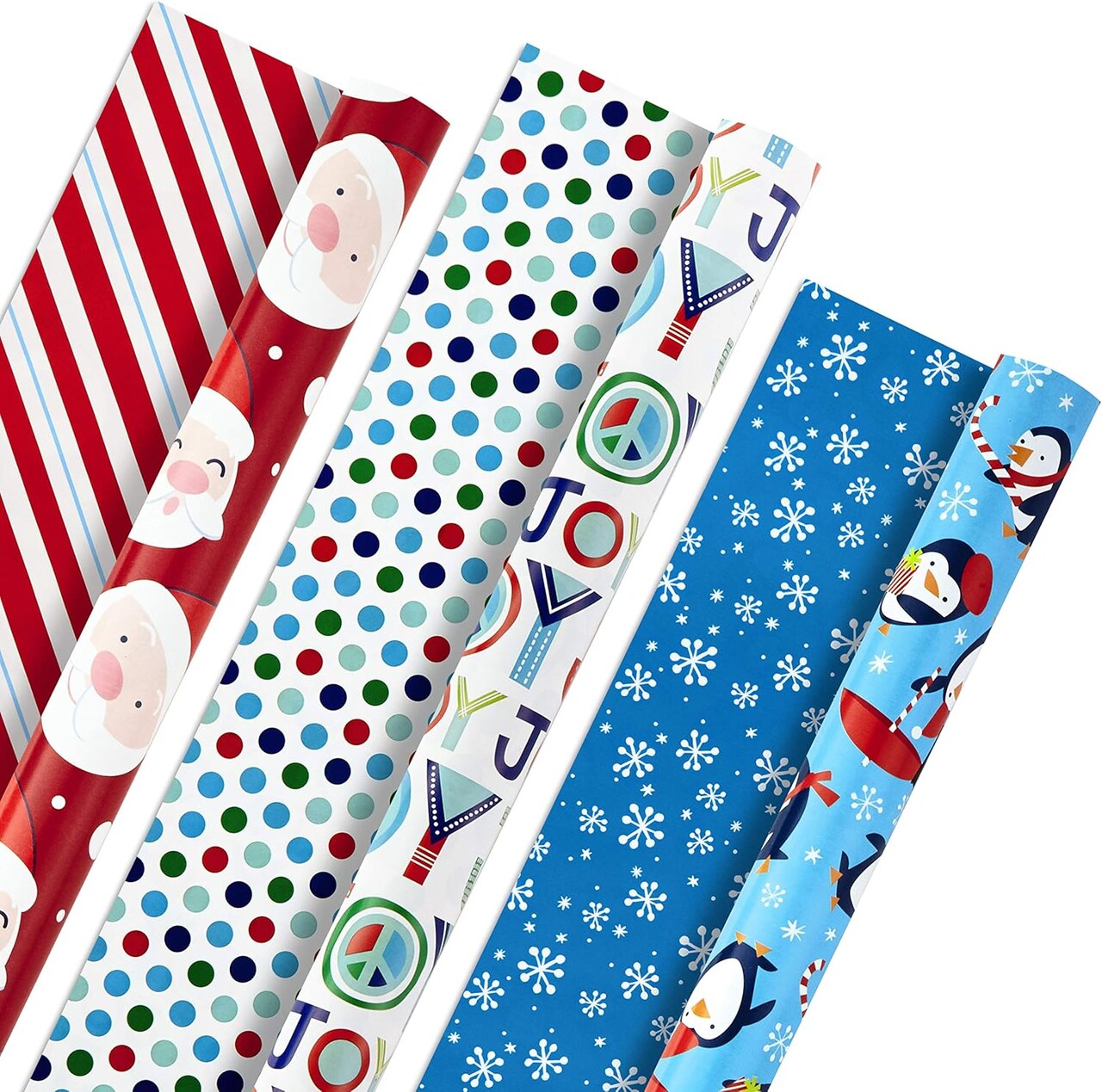 Christmas Reversible Wrapping Paper, Kids (Pack of 3, 120 sq. ft. ttl) Santa, Joy, Penguins, Snowflakes, Polka Dots, Stripes